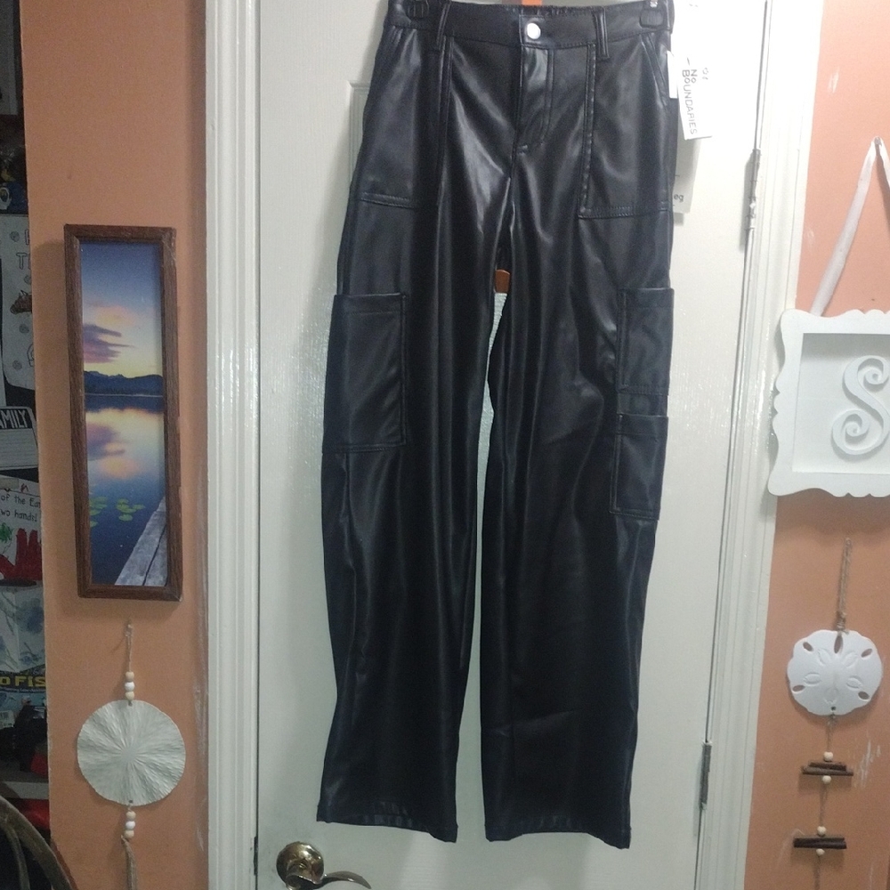 No Boundaries Black Faux Leather Cargo Pants